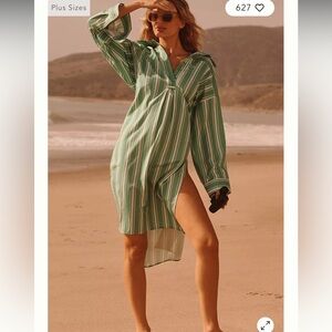 Anthropologie Long Sleeve Popover Dress Green Striped Beach‎ Cover-Up XXS/XS NWT